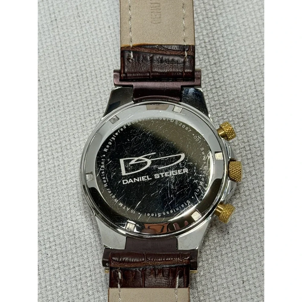 Daniel Steiger Men's Watch Round Silver & Gold/wt Date Chrono Dial Leather Band!